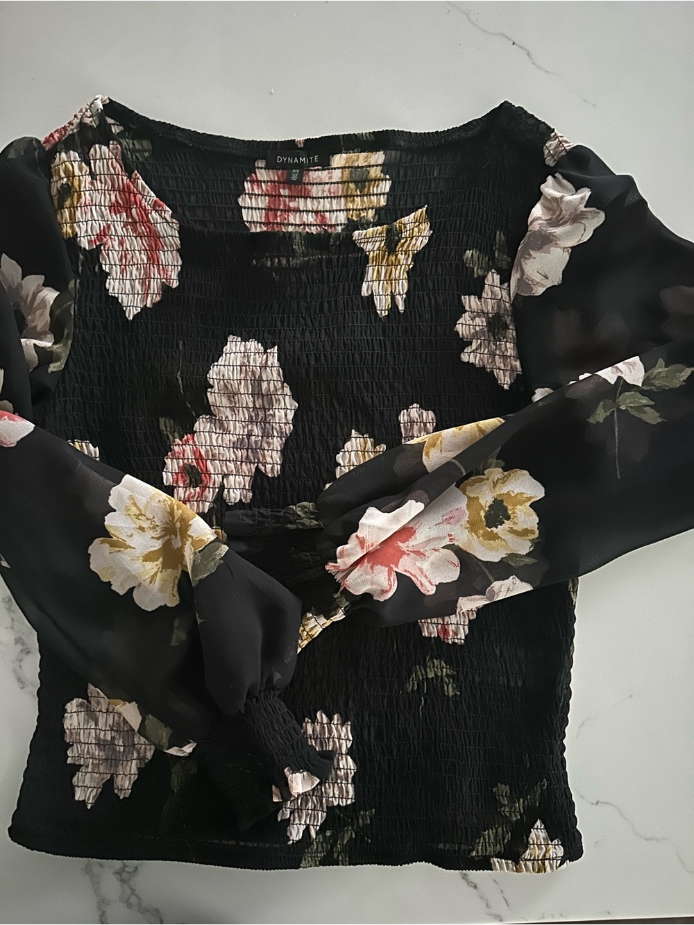 Dynamite Black Floral Smocked Blouse